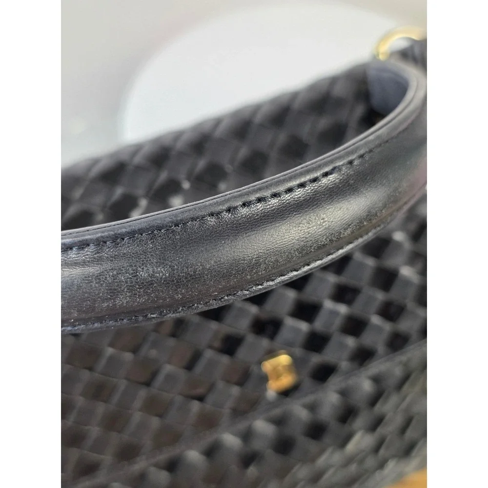 Bally Vintage Black Woven Leather Top Handle Satchel Bag Made in Italy Gold Logo